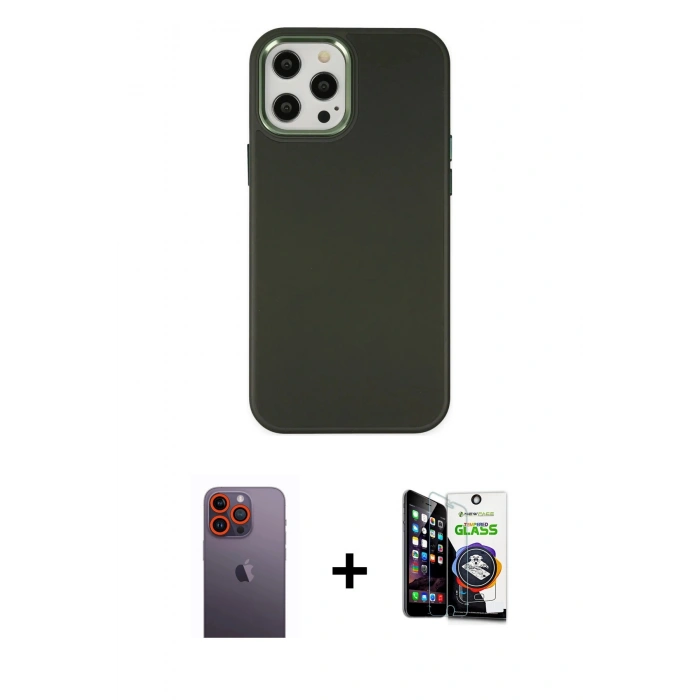 MARSİLYAN™- iPhone 12 Pro Max Kılıf Çekirdek Çizgi - Şeffaf Temperli Cam Ekran Koruyucu + Neon Fosforlu Kamera Lens - TU