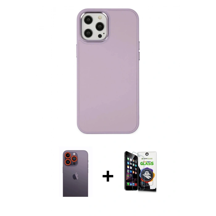 MARSİLYAN™- iPhone 12 Pro Max Kılıf Çekirdek Çizgi - Şeffaf Temperli Cam Ekran Koruyucu + Neon Fosforlu Kamera Lens - TU