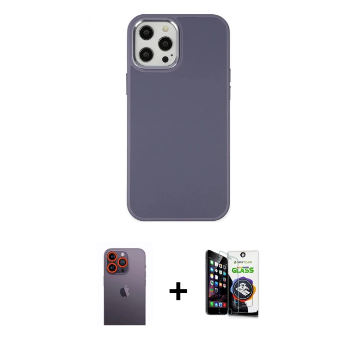 MARSİLYAN™- iPhone 12 Pro Max Kılıf Çekirdek Çizgi - Şeffaf Temperli Cam Ekran Koruyucu + Neon Fosforlu Kamera Lens - TU