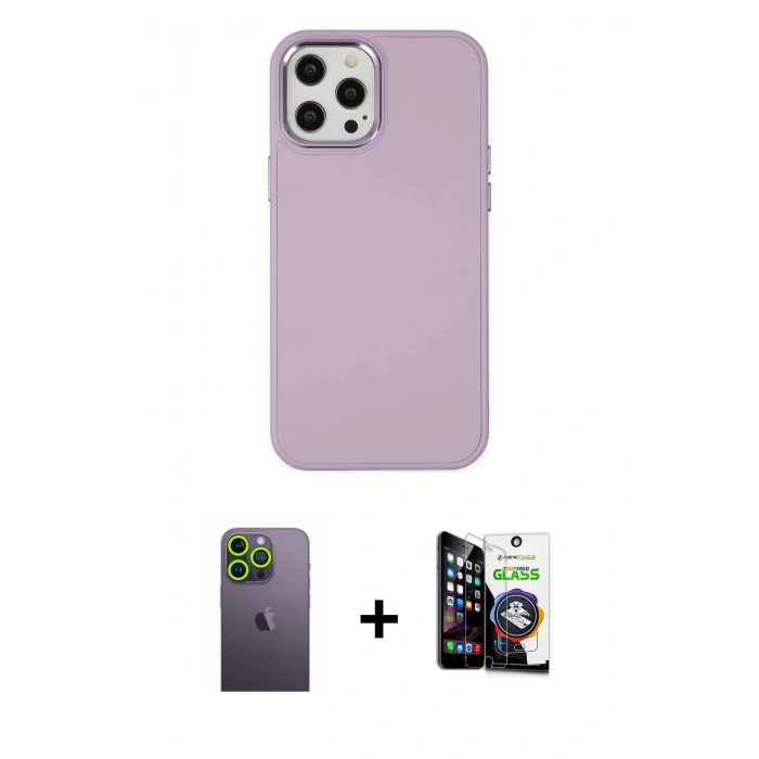 MARSİLYAN™- iPhone 12 Pro Max Kılıf Çekirdek Çizgi - Şeffaf Temperli Cam Ekran Koruyucu + Neon Fosforlu Kamera Lens - YL