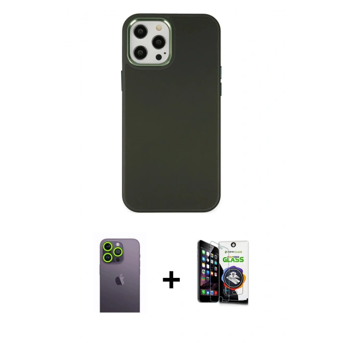 MARSİLYAN™- iPhone 12 Pro Max Kılıf Çekirdek Çizgi - Şeffaf Temperli Cam Ekran Koruyucu + Neon Fosforlu Kamera Lens - YL