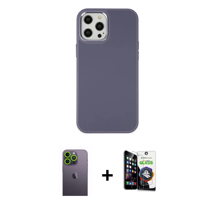 MARSİLYAN™- iPhone 12 Pro Max Kılıf Çekirdek Çizgi - Şeffaf Temperli Cam Ekran Koruyucu + Neon Fosforlu Kamera Lens - YL