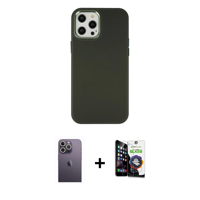 MARSİLYAN™- iPhone 12 Pro Max Kılıf Çekirdek Çizgi - Şeffaf Temperli Cam Ekran Koruyucu + Neon Fosforlu Kamera Lens - BZ