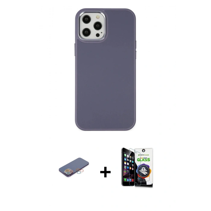 MARSİLYAN™- iPhone 12 Pro Max Kılıf Çekirdek Çizgi - Şeffaf Temperli Cam Ekran Koruyucu + Pembe Renkli Kamera Lens Koruma Cam