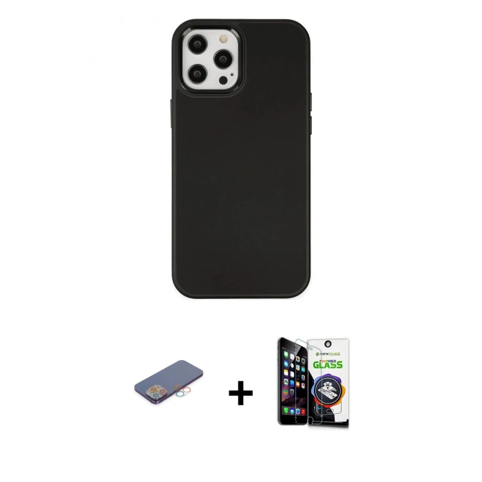 MARSİLYAN™- iPhone 12 Pro Max Kılıf Çekirdek Çizgi - Şeffaf Temperli Cam Ekran Koruyucu + Pembe Renkli Kamera Lens Koruma Cam