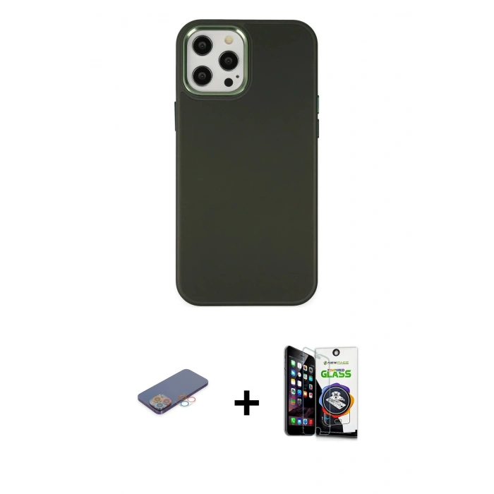 MARSİLYAN™- iPhone 12 Pro Max Kılıf Çekirdek Çizgi - Şeffaf Temperli Cam Ekran Koruyucu + Pembe Renkli Kamera Lens Koruma Cam