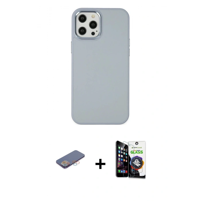 MARSİLYAN™- iPhone 12 Pro Max Kılıf Çekirdek Çizgi - Şeffaf Temperli Cam Ekran Koruyucu + Pembe Renkli Kamera Lens Koruma Cam