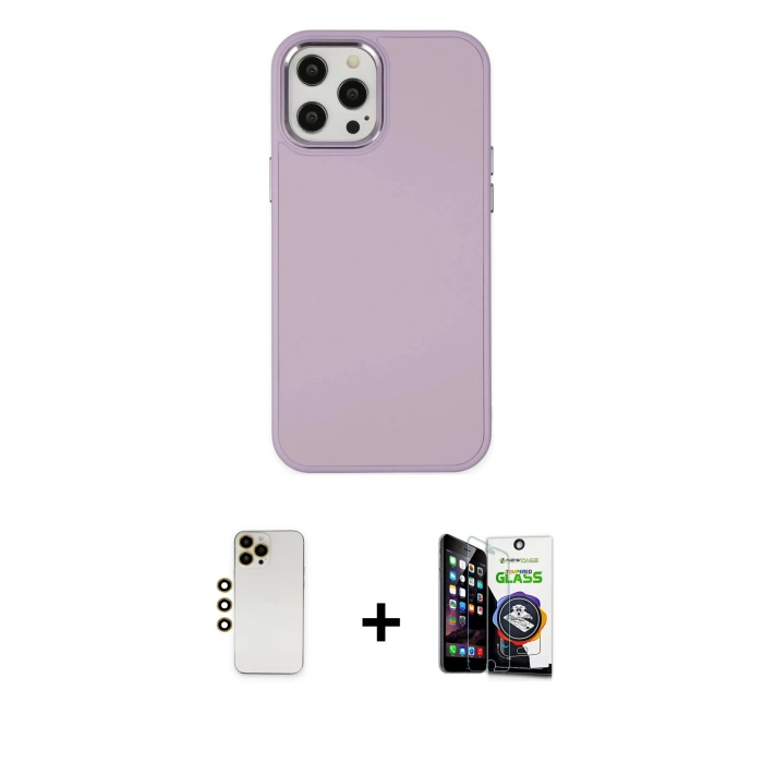 MARSİLYAN™- iPhone 12 Pro Max Kılıf Çekirdek Çizgi - Şeffaf Temperli Cam Ekran Koruyucu + Shine Kamera Lens - GD