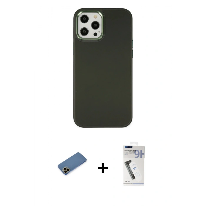MARSİLYAN™- iPhone 12 Pro Max Kılıf Çekirdek Çizgi - Şeffaf Uv Polymer Nano Ekran Koruyucu + Gold Shine Kamera Lens Koruma Cam