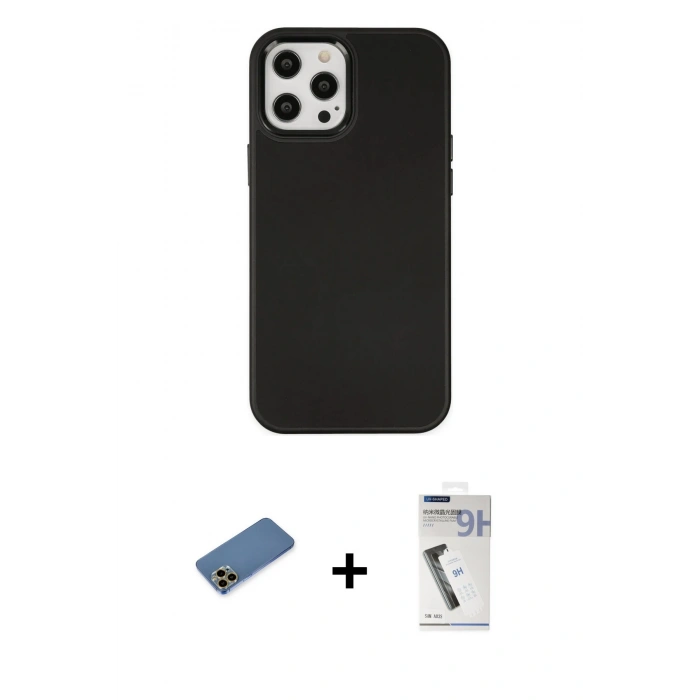 MARSİLYAN™- iPhone 12 Pro Max Kılıf Çekirdek Çizgi - Şeffaf Uv Polymer Nano Ekran Koruyucu + Gold Shine Kamera Lens Koruma Cam