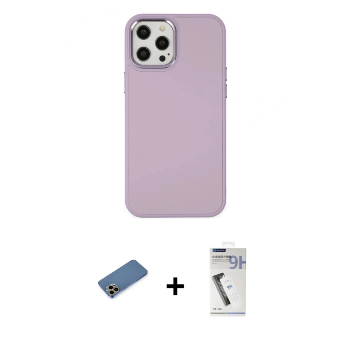 MARSİLYAN™- iPhone 12 Pro Max Kılıf Çekirdek Çizgi - Şeffaf Uv Polymer Nano Ekran Koruyucu + Gold Shine Kamera Lens Koruma Cam