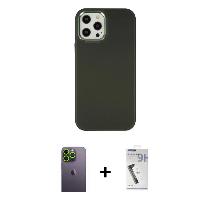MARSİLYAN™- iPhone 12 Pro Max Kılıf Çekirdek Çizgi - Şeffaf Uv Polymer Nano Ekran Koruyucu + Yeşil Neon Fosforlu Kamera Lens