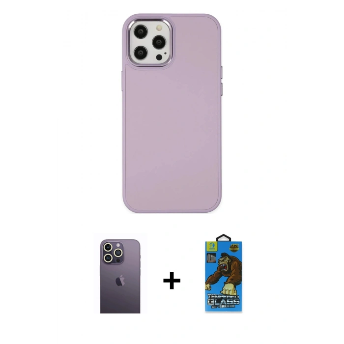 MARSİLYAN™- iPhone 12 Pro Max Kılıf Çekirdek Çizgi - Siyah 18D Cam Ekran Koruyucu + Neon Fosforlu Kamera Lens - BZ
