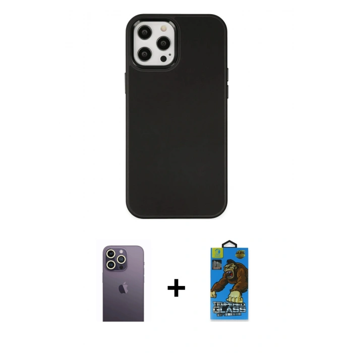 MARSİLYAN™- iPhone 12 Pro Max Kılıf Çekirdek Çizgi - Siyah 18D Cam Ekran Koruyucu + Neon Fosforlu Kamera Lens - BZ