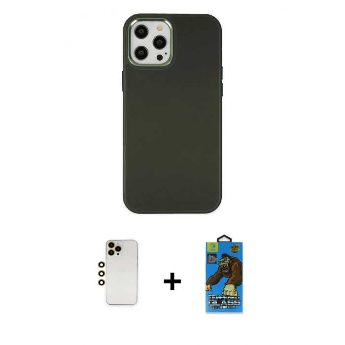MARSİLYAN™- iPhone 12 Pro Max Kılıf Çekirdek Çizgi - Siyah 18D Cam Ekran Koruyucu + Shine Kamera Lens - GD