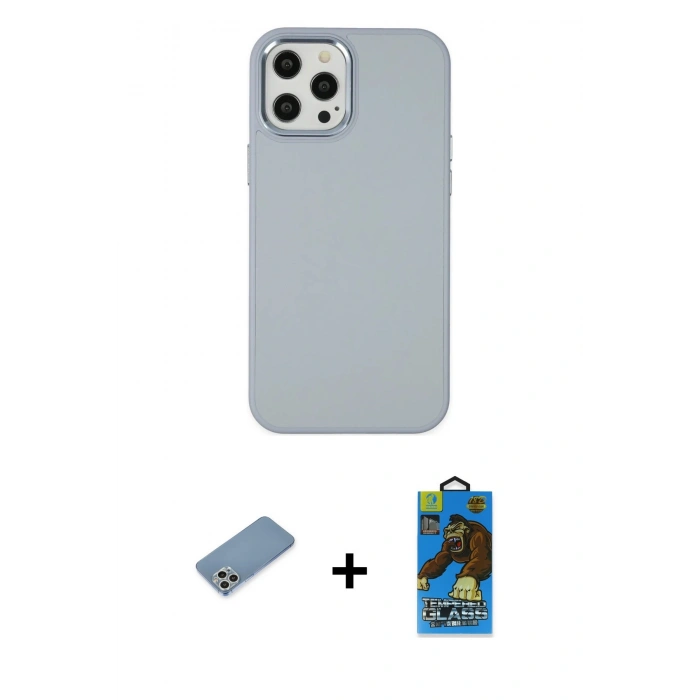 MARSİLYAN™- iPhone 12 Pro Max Kılıf Çekirdek Çizgi - Siyah 18D Cam Ekran Koruyucu + Gümüş Shine Kamera Lens Koruma Cam