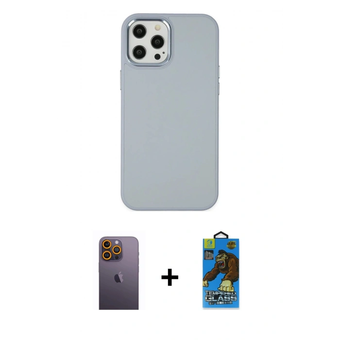 MARSİLYAN™- iPhone 12 Pro Max Kılıf Çekirdek Çizgi - Siyah 18D Cam Ekran Koruyucu + Neon Fosforlu Kamera Lens - SI