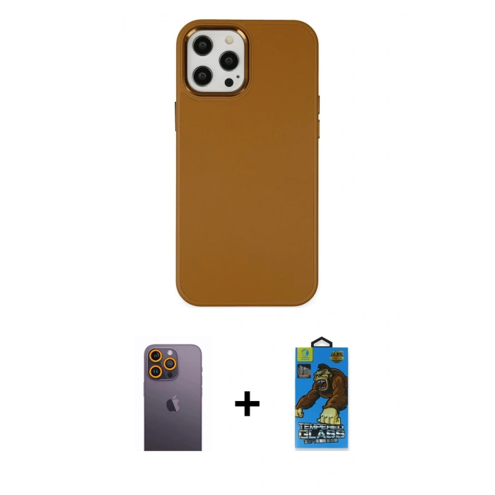 MARSİLYAN™- iPhone 12 Pro Max Kılıf Çekirdek Çizgi - Siyah 18D Cam Ekran Koruyucu + Neon Fosforlu Kamera Lens - SI
