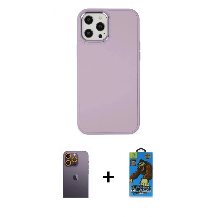 MARSİLYAN™- iPhone 12 Pro Max Kılıf Çekirdek Çizgi - Siyah 18D Cam Ekran Koruyucu + Neon Fosforlu Kamera Lens - SI