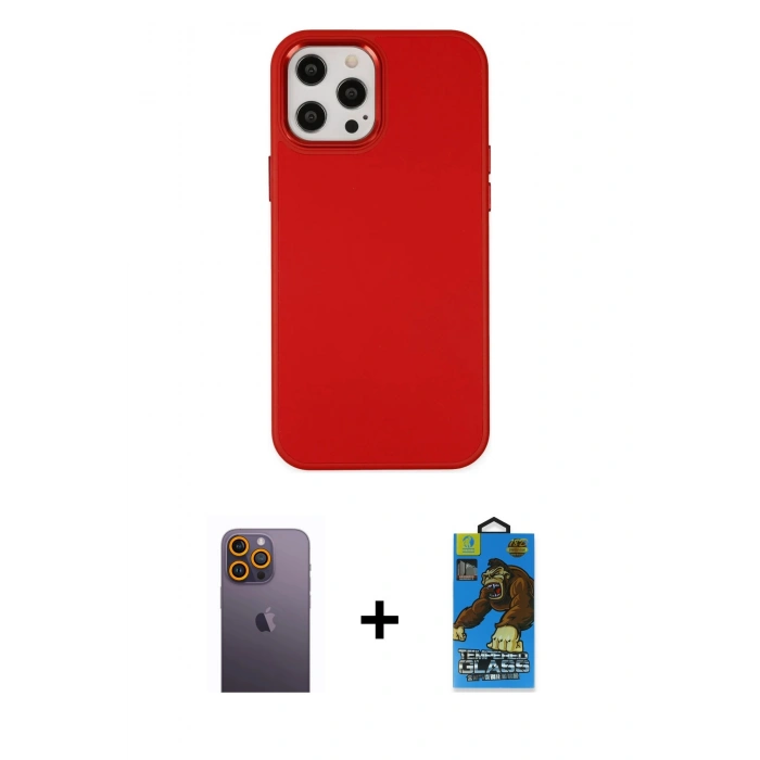 MARSİLYAN™- iPhone 12 Pro Max Kılıf Çekirdek Çizgi - Siyah 18D Cam Ekran Koruyucu + Neon Fosforlu Kamera Lens - SI