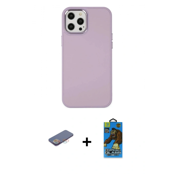 MARSİLYAN™- iPhone 12 Pro Max Kılıf Çekirdek Çizgi - Siyah 18D Cam Ekran Koruyucu + Pembe Renkli Kamera Lens Koruma Cam