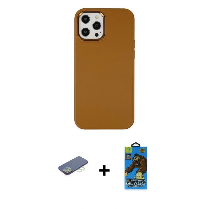 MARSİLYAN™- iPhone 12 Pro Max Kılıf Çekirdek Çizgi - Siyah 18D Cam Ekran Koruyucu + Renkli Kamera Lens Koruma Cam - YL
