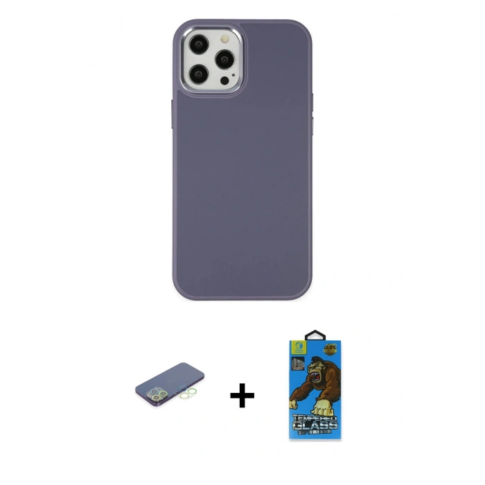MARSİLYAN™- iPhone 12 Pro Max Kılıf Çekirdek Çizgi - Siyah 18D Cam Ekran Koruyucu + Renkli Kamera Lens Koruma Cam - YL