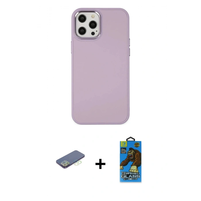 MARSİLYAN™- iPhone 12 Pro Max Kılıf Çekirdek Çizgi - Siyah 18D Cam Ekran Koruyucu + Renkli Kamera Lens Koruma Cam - YL