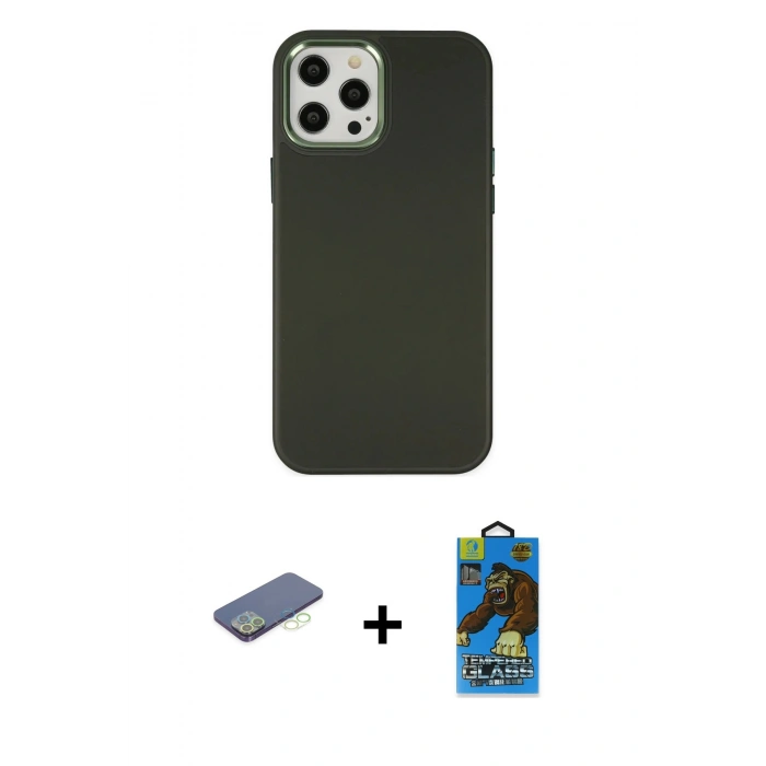MARSİLYAN™- iPhone 12 Pro Max Kılıf Çekirdek Çizgi - Siyah 18D Cam Ekran Koruyucu + Renkli Kamera Lens Koruma Cam - YL