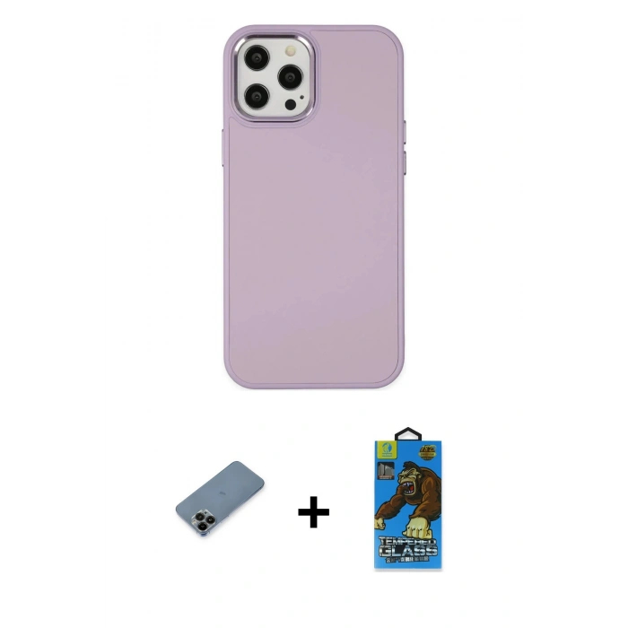 MARSİLYAN™- iPhone 12 Pro Max Kılıf Çekirdek Çizgi - Siyah 18D Cam Ekran Koruyucu + Shine Kamera Lens Koruma Cam - SH