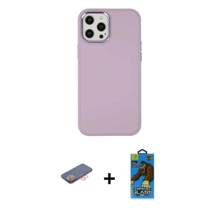MARSİLYAN™- iPhone 12 Pro Max Kılıf Çekirdek Çizgi - Siyah 18D Cam Ekran Koruyucu + Renkli Kamera Lens Koruma Cam - TU