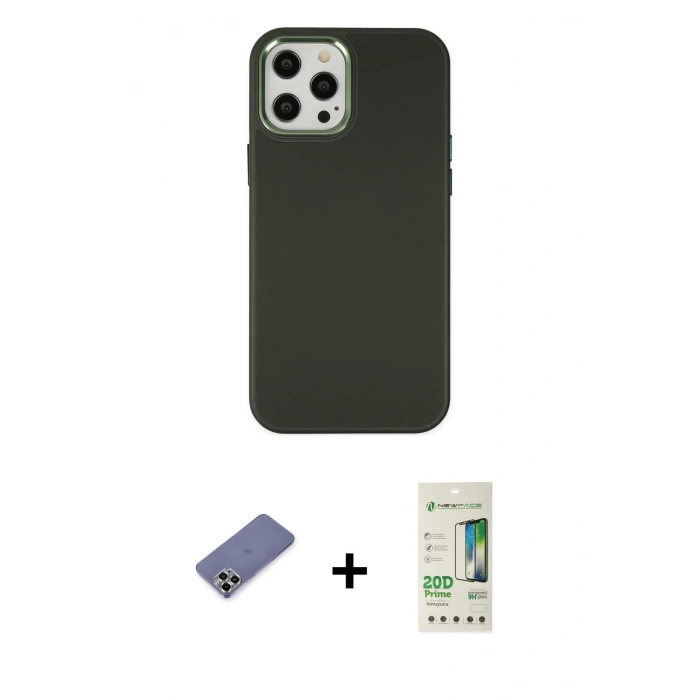 MARSİLYAN™- iPhone 12 Pro Max Kılıf Çekirdek Çizgi - Siyah 20D Premium Cam Ekran Koruyucu + Metal Kamera Lens Koruma Cam - GD