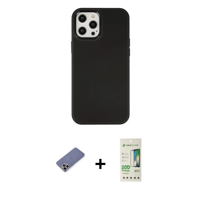 MARSİLYAN™- iPhone 12 Pro Max Kılıf Çekirdek Çizgi - Siyah 20D Premium Cam Ekran Koruyucu + Metal Kamera Lens Koruma Cam - GD