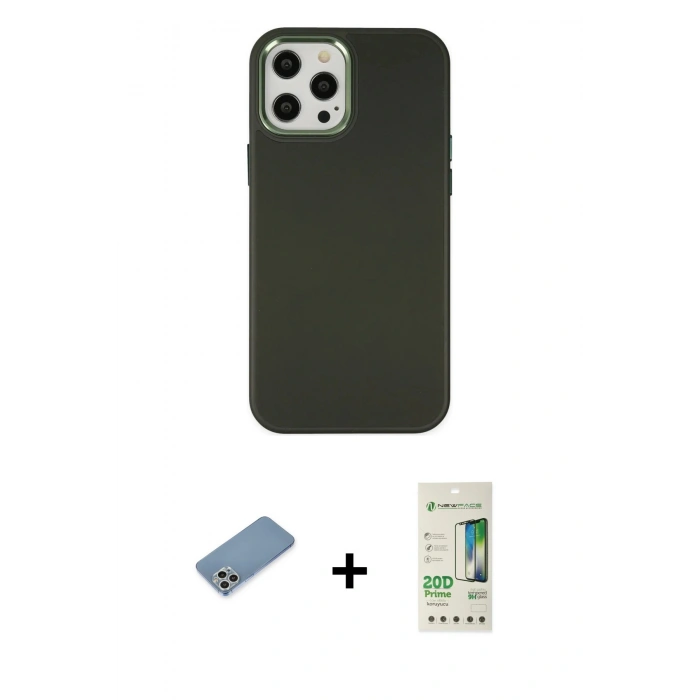 MARSİLYAN™- iPhone 12 Pro Max Kılıf Çekirdek Çizgi - Siyah 20D Premium Cam Ekran Koruyucu + Gümüş Shine Kamera Lens Koruma Cam
