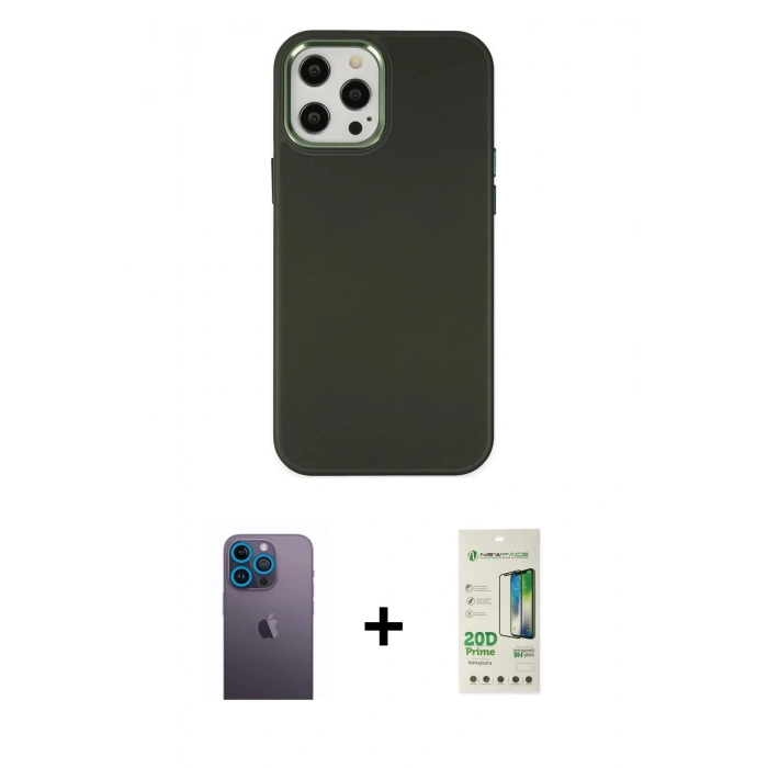 MARSİLYAN™- iPhone 12 Pro Max Kılıf Çekirdek Çizgi - Siyah 20D Premium Cam Ekran Koruyucu + Mavi Neon Fosforlu Kamera Lens