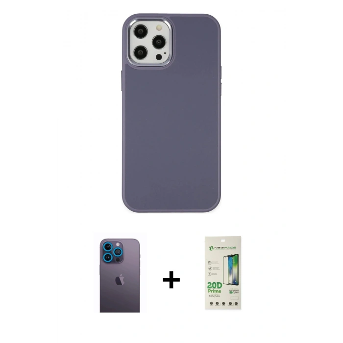 MARSİLYAN™- iPhone 12 Pro Max Kılıf Çekirdek Çizgi - Siyah 20D Premium Cam Ekran Koruyucu + Mavi Neon Fosforlu Kamera Lens