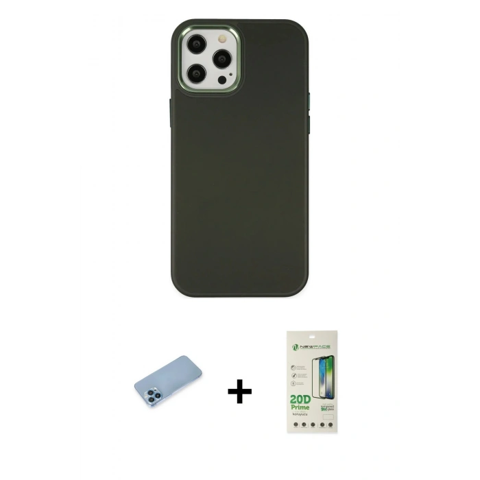 MARSİLYAN™- iPhone 12 Pro Max Kılıf Çekirdek Çizgi - Siyah 20D Premium Cam Ekran Koruyucu + Mavi Shine Kamera Lens Koruma Cam