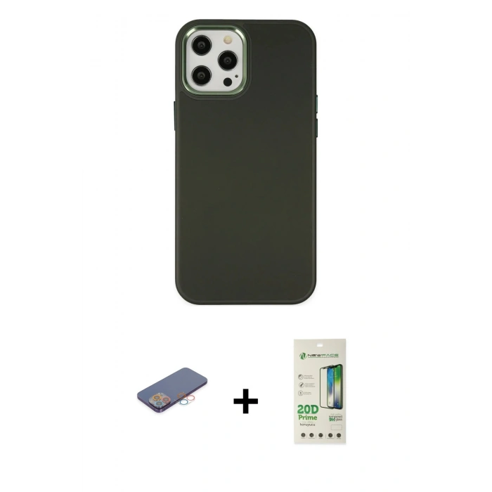 MARSİLYAN™- iPhone 12 Pro Max Kılıf Çekirdek Çizgi - Siyah 20D Premium Cam Ekran Koruyucu + Renkli Kamera Lens Koruma Cam - PE
