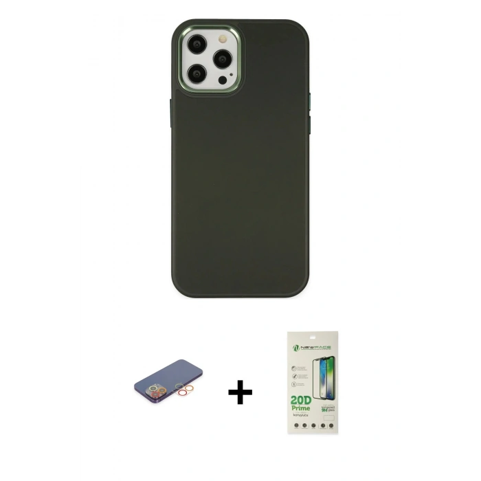 MARSİLYAN™- iPhone 12 Pro Max Kılıf Çekirdek Çizgi - Siyah 20D Premium Cam Ekran Koruyucu + Renkli Kamera Lens Koruma Cam - TU