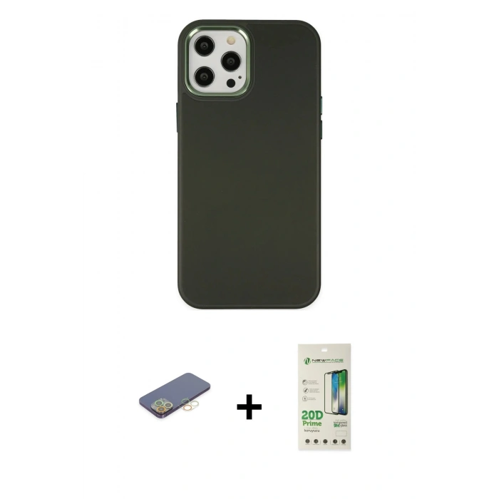 MARSİLYAN™- iPhone 12 Pro Max Kılıf Çekirdek Çizgi - Siyah 20D Premium Cam Ekran Koruyucu + Sarı Renkli Kamera Lens Koruma Cam