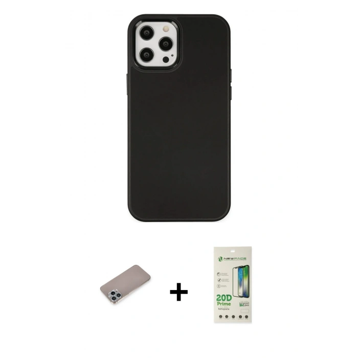 MARSİLYAN™- iPhone 12 Pro Max Kılıf Çekirdek Çizgi - Siyah 20D Premium Cam Ekran Koruyucu + Shine Kamera Lens Koruma Cam - SABE