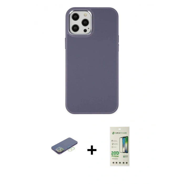MARSİLYAN™- iPhone 12 Pro Max Kılıf Çekirdek Çizgi - Siyah 20D Premium Cam Ekran Koruyucu + Renkli Kamera Lens Koruma Cam - YL