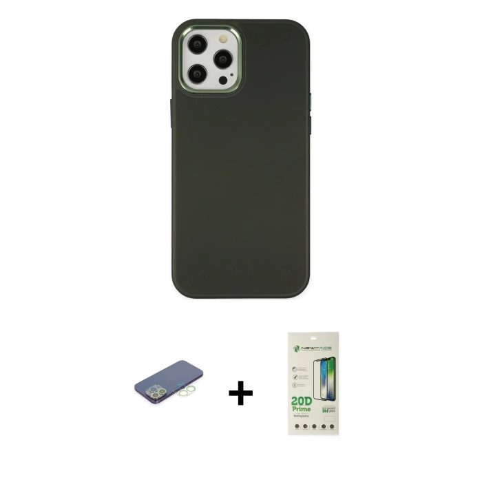 MARSİLYAN™- iPhone 12 Pro Max Kılıf Çekirdek Çizgi - Siyah 20D Premium Cam Ekran Koruyucu + Renkli Kamera Lens Koruma Cam - YL