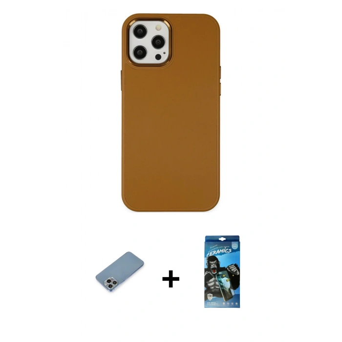 MARSİLYAN™- iPhone 12 Pro Max Kılıf Çekirdek Çizgi - Siyah 34D Izgaralı Cam + Shine Kamera Lens Koruma Cam - GI