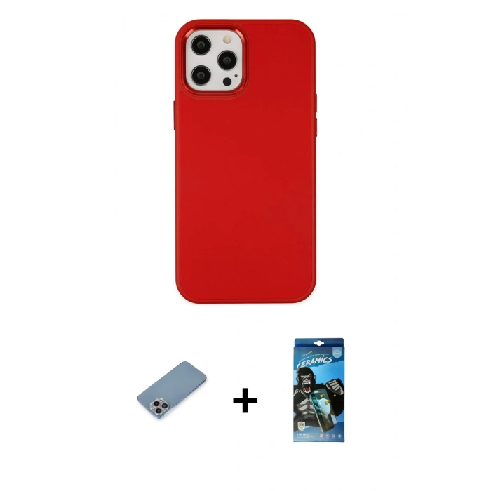 MARSİLYAN™- iPhone 12 Pro Max Kılıf Çekirdek Çizgi - Siyah 34D Izgaralı Cam + Shine Kamera Lens Koruma Cam - GI