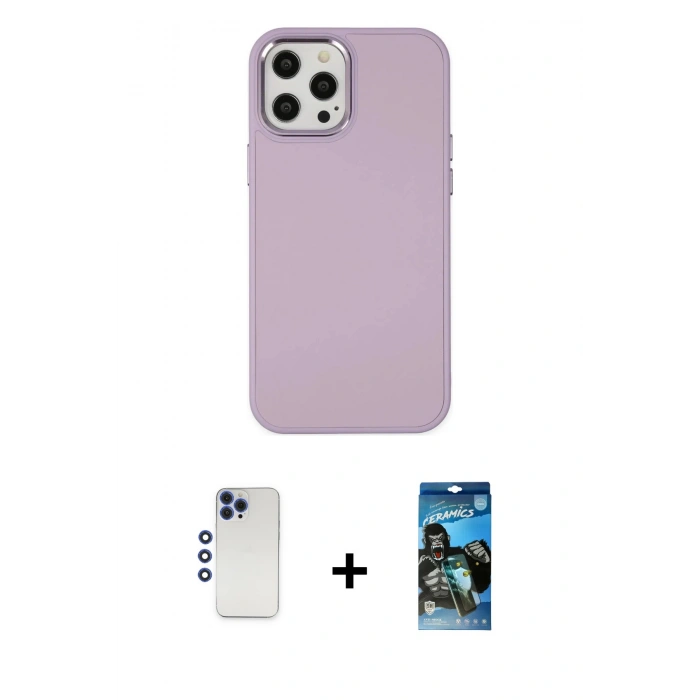 MARSİLYAN™- iPhone 12 Pro Max Kılıf Çekirdek Çizgi - Siyah 34D Izgaralı Cam + Shine Kamera Lens - LT