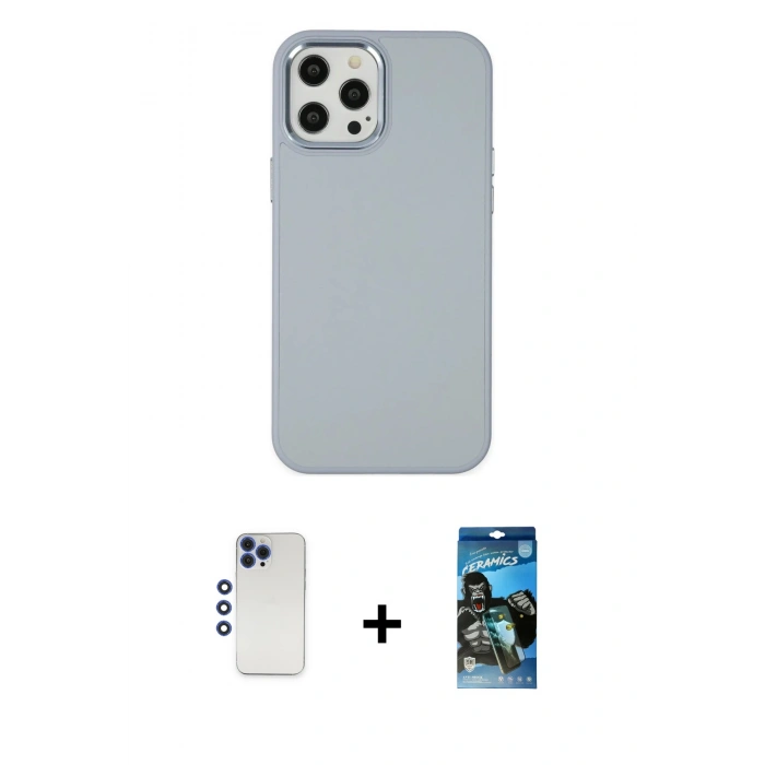 MARSİLYAN™- iPhone 12 Pro Max Kılıf Çekirdek Çizgi - Siyah 34D Izgaralı Cam + Shine Kamera Lens - LT