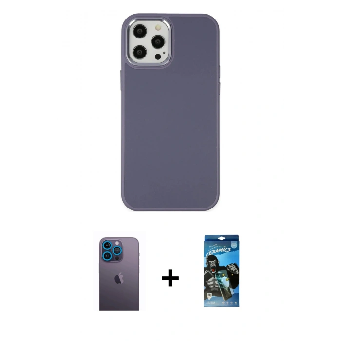 MARSİLYAN™- iPhone 12 Pro Max Kılıf Çekirdek Çizgi - Siyah 34D Izgaralı Cam + Neon Fosforlu Kamera Lens - MI