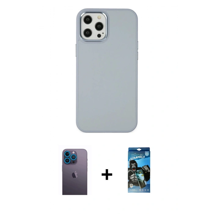 MARSİLYAN™- iPhone 12 Pro Max Kılıf Çekirdek Çizgi - Siyah 34D Izgaralı Cam + Neon Fosforlu Kamera Lens - MI