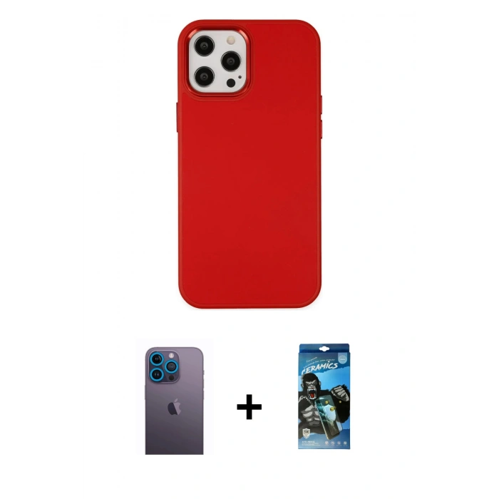 MARSİLYAN™- iPhone 12 Pro Max Kılıf Çekirdek Çizgi - Siyah 34D Izgaralı Cam + Neon Fosforlu Kamera Lens - MI
